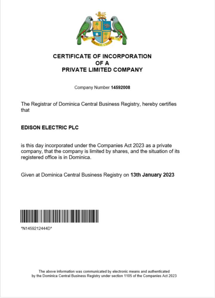 Dominica certificate of registration Word and PDF template